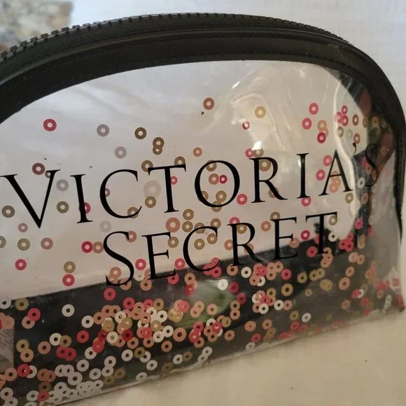 Victoria's Secret Cosmetic Bag Makeup Clear zippered w/sequins Logo black trim - Picture 6 of 7